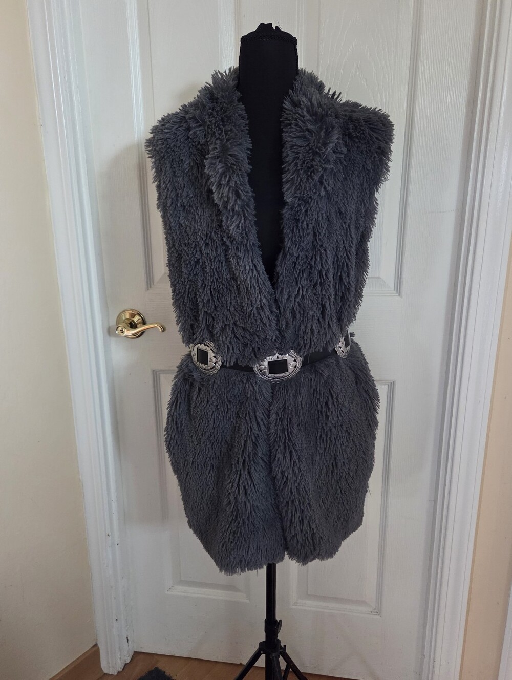 Angie grey oversized faux fur vest velour lining festival Bohemian Western Small